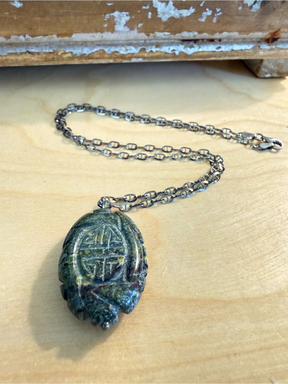 Vintage Green Carved Stone Amulet Necklace
